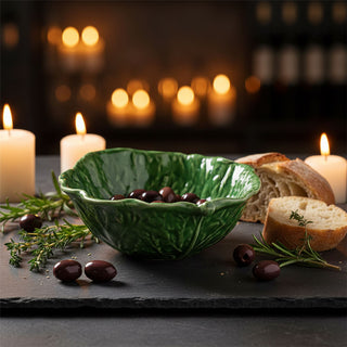 Green Cabbage Leaf Bowl, 17cm Ceramic Serving Bowl with Glossy Leaf Detail