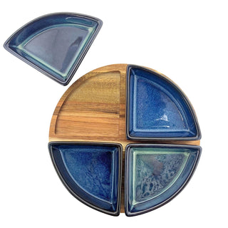 Sectioned Ceramic Snack Platter Set with Round Acacia Serving Tray - 21.5cm