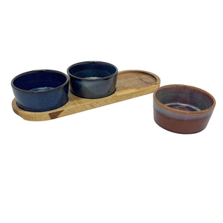 Set of 3 Round Ceramic Snack Bowls with Acacia Wood Serving Tray - 28cm