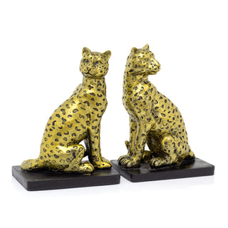 Set Of 2 Gold & Black Leopard Bookends | Pair Of Resin Cheetah Book Ends Statues