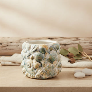 Shell Embossed Planter, 15cm White Ceramic Nautical Round Indoor Plant Cache Pot