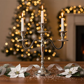 3 Arm Silver Aluminium Candelabra, 30cm Tall Candle Holder Table Centrepiece