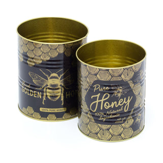 Set of 2 Bee Hive Retro Metal Storage Tins | Monochrome Vintage Metal Display Can | Replica Honey Tin Cans