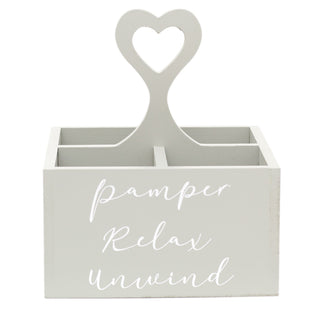 Shabby Chic Pamper Storage Crate | Grey Wooden Bathroom Caddy | Polka Dot And Heart Beauty Box Crate