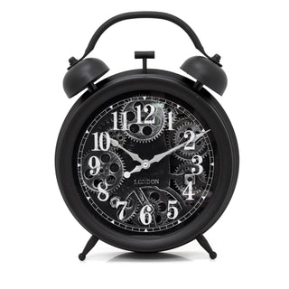 Retro Black Twin Bell Moving Gear Cog Wall Clock | Industrial Vintage Style Wall Clock | Silent Wall Clock Large Replica Twin Bell Clock