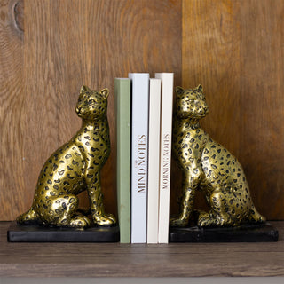 Set Of 2 Gold & Black Leopard Bookends | Pair Of Resin Cheetah Book Ends Statues