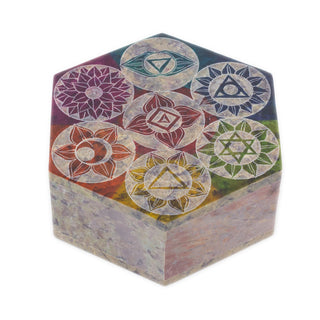 Soapstone Box Carved Chakra Trinket Box | Multi Chakra Symbol Hexagonal Jewellery Box | Handcrafted Chakra Keepsake Box Decorative Storage Box