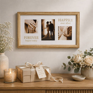3 Aperture Wedding Photo Frame, Natural Wood Collage Display 42 x 24 cm