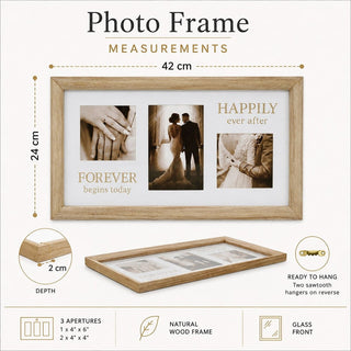 3 Aperture Wedding Photo Frame, Natural Wood Collage Display 42 x 24 cm