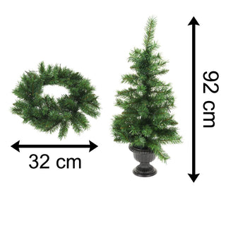 3 Piece Christmas Door Decoration 3ft Outdoor Pre Lit Christmas Tree Wreath Set | Porch LED Christmas Tree And Door Wreath | Outdoor Christmas Decorations