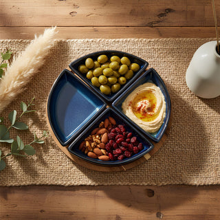 Sectioned Ceramic Snack Platter Set with Round Acacia Serving Tray - 21.5cm