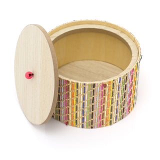 Kasbah Round Wooden Trinket Box | Multicolour Weave Storage Pot | Boho Wooden Jewellery Box Gift Box With Lid
