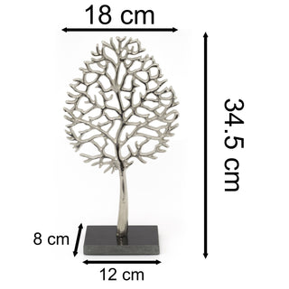 34cm Elegant Silver Tone Tree Of Life Sculpture | Silver Metal Tree Ornament On Marble Base | Silver Family Tree On Marble Stand Centerpiece