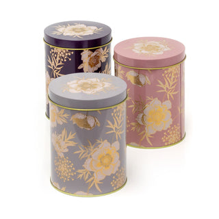 3 Piece Gold Shimmer Storage Tins | Set Of 3 Round Floral Kitchen Storage Tins