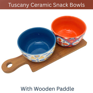 Tuscany Set of 2 Ceramic Snack Bowls with Wooden Paddle Serving Tray - 25cm