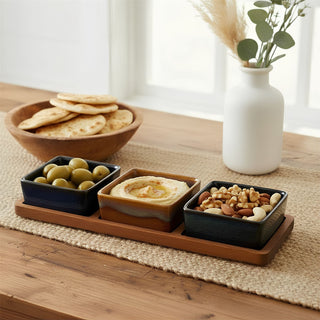 Set of 3 Square Ceramic Snack Bowls with Acacia Wood Serving Tray - 28cm