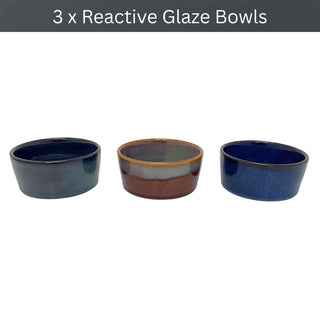 Set of 3 Round Ceramic Snack Bowls with Acacia Wood Serving Tray - 28cm