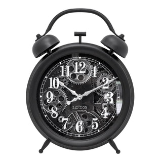 Retro Black Twin Bell Moving Gear Cog Wall Clock | Industrial Vintage Style Wall Clock | Silent Wall Clock Large Replica Twin Bell Clock