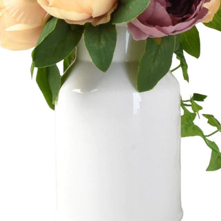 Faux Dusky Peonies & Blooms in White Ceramic Vase | Artificial Bouquet and Vase