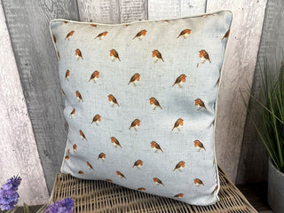 34cm Robin Redbreast Blue Scatter Cushion | Garden Bird Fabric Filled Sofa Cushion | Winter Bird Bed Throw Pillow With Cover