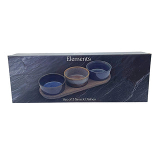 Set of 3 Round Ceramic Snack Bowls with Acacia Wood Serving Tray - 28cm