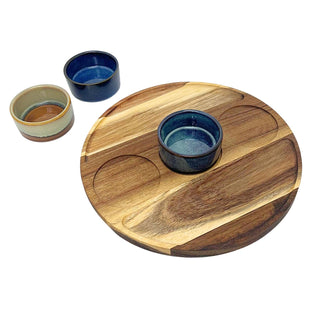 Set of 3 Ceramic Snack Bowls with Round Acacia Wood Serving Tray - 25cm
