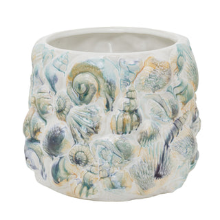 Shell Embossed Plant Pot, 16.5cm White Ceramic Shell Coastal Planter Cache Pot