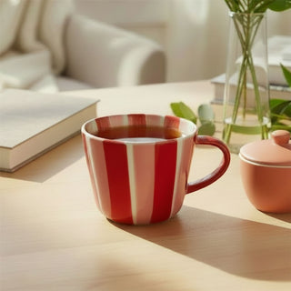 Hand Painted Candy Stripe Mug 300ml Red & Pink Fine China Tea Coffee Cup