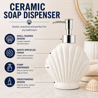 Shell Soap Dispenser 17.5cm White Speckled Ceramic Bathroom Pump 250ml Nautical