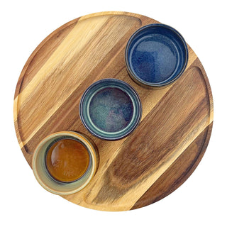 Set of 3 Ceramic Snack Bowls with Round Acacia Wood Serving Tray - 25cm