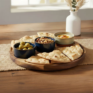 Set of 3 Ceramic Snack Bowls with Round Acacia Wood Serving Tray - 25cm