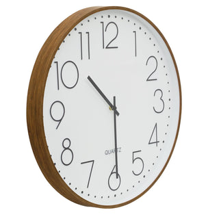 Large Round Wall Clock, 50cm White Face Black Numerals Dark Wood Effect Frame