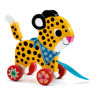 Djeco DJ06220 Greta Leopard Wooden Pull Along Toy | Push and Pull Along Toy