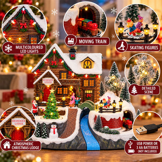 LED Christmas Reindeer Lodge Snow Scene with Movement and Music, 35cm Wide