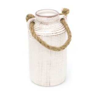 19cm Vintage Style Textured White Vase Stoneware Vase | Rustic Vase Ceramic Vase Flower Vase | Stone Vase With Rope Handle