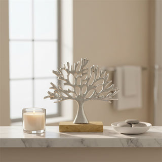 Tree of Life Ornament, 16.5cm Silver Metal Tree Sculpture on Mango Wood Base