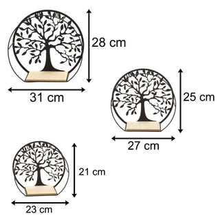 Set Of 3 Tree Of Life Wall Mounted Wooden Display Shelf | 3 Piece Black Metal Storage Shelves | Round Wall Shelves