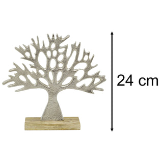 Tree of Life Ornament, 24cm Silver Metal Tree Sculpture on Mango Wood Base