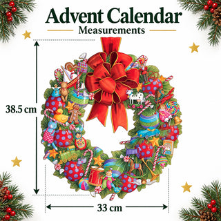 Christmas Wreath Advent Calendar, 33cm Hanging Design with 24 Numbered Doors