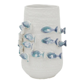 3D Fish Ceramic Vase 21.5cm White Blue Coastal Nautical Decor for Faux Stems