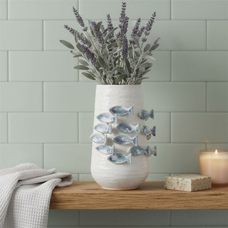 3D Fish Ceramic Vase 21.5cm White Blue Coastal Nautical Decor for Faux Stems