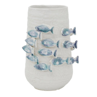 3D Fish Ceramic Vase 21.5cm White Blue Coastal Nautical Decor for Faux Stems