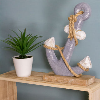 Nautical Wooden Anchor Ornament | Rustic Wooden Ship Boat Anchor On Stand - 27cm