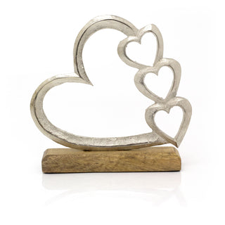 20cm Elegant Silver Metal Heart Ornament | Silver Love Hearts On Wooden Base Sculpture | Love Heart Ornament Valentines Anniversary Wedding Gifts