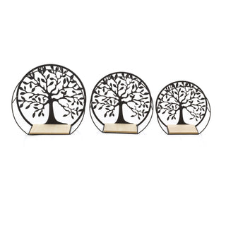 Set Of 3 Tree Of Life Wall Mounted Wooden Display Shelf | 3 Piece Black Metal Storage Shelves | Round Wall Shelves