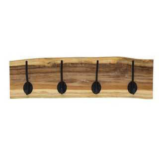 Teak Wall Mounted Coat Rack, 50cm Wooden Wall Mounted Storage Rail 4 Metal Hooks