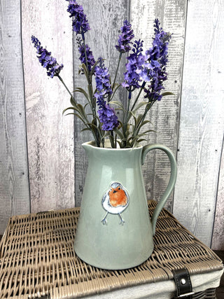 Pretty Robin Embossed Ceramic Serving Jug | Grey Water Pitcher China Milk Jug | Country Kitchen Jugs Porcelain Flower Vase