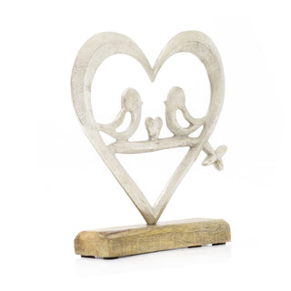 20cm Elegant Heart With Love Birds Ornament On Wood Base | Silver Love Heart On Wooden Base Sculpture | Valentines Anniversary Wedding Gifts