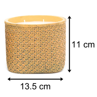 Boho Rattan Design Cement Candle Pot With 2 Wick Candle | Rustic 2 Wick Candle And Holder | Decorative Candles - Design Varies One Supplied