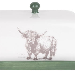 Highland Cow Butter Dish, 19cm White Ceramic Butter Tray with Removable Lid